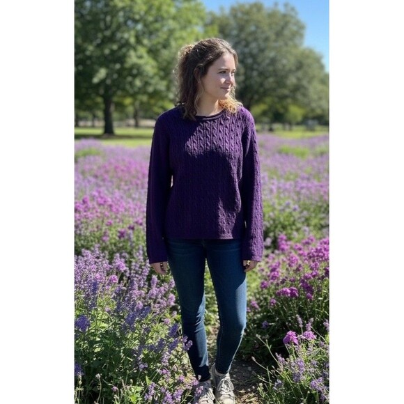 Sweaters - Eggplant Purple Cable Knit Sweater Women XL 100% Cotton Villager Sport Claiborne